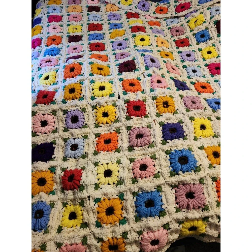Vintage Crochet Afghan Throw Blanket Brwn unique Gran handmade Boho Hippie 72x75